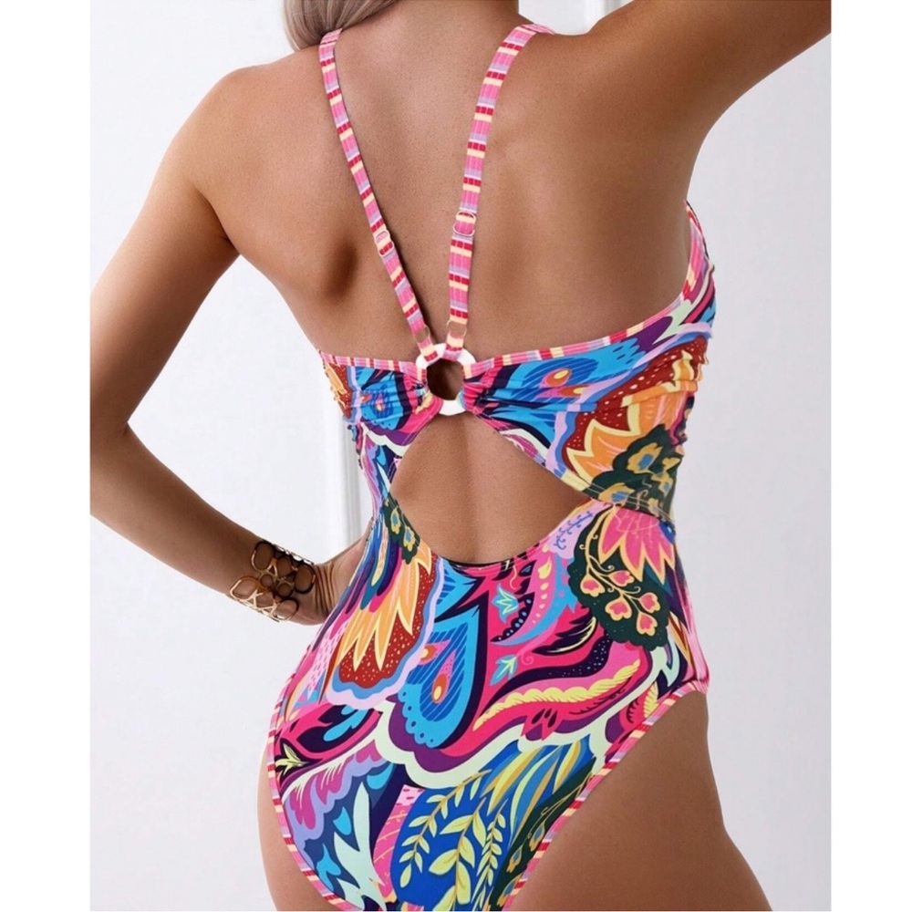 Floral Print Halter Neck Cut Out One Piece Swimsuit Monokini S M L 1X 2X 3X 4X